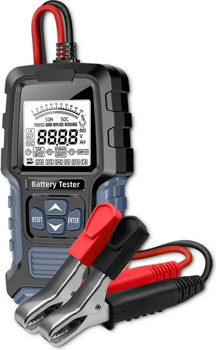 Tester baterije Qoltec 52487, digitalni, LCD, 12V/24V, 3Ah–250Ah, črno/moder