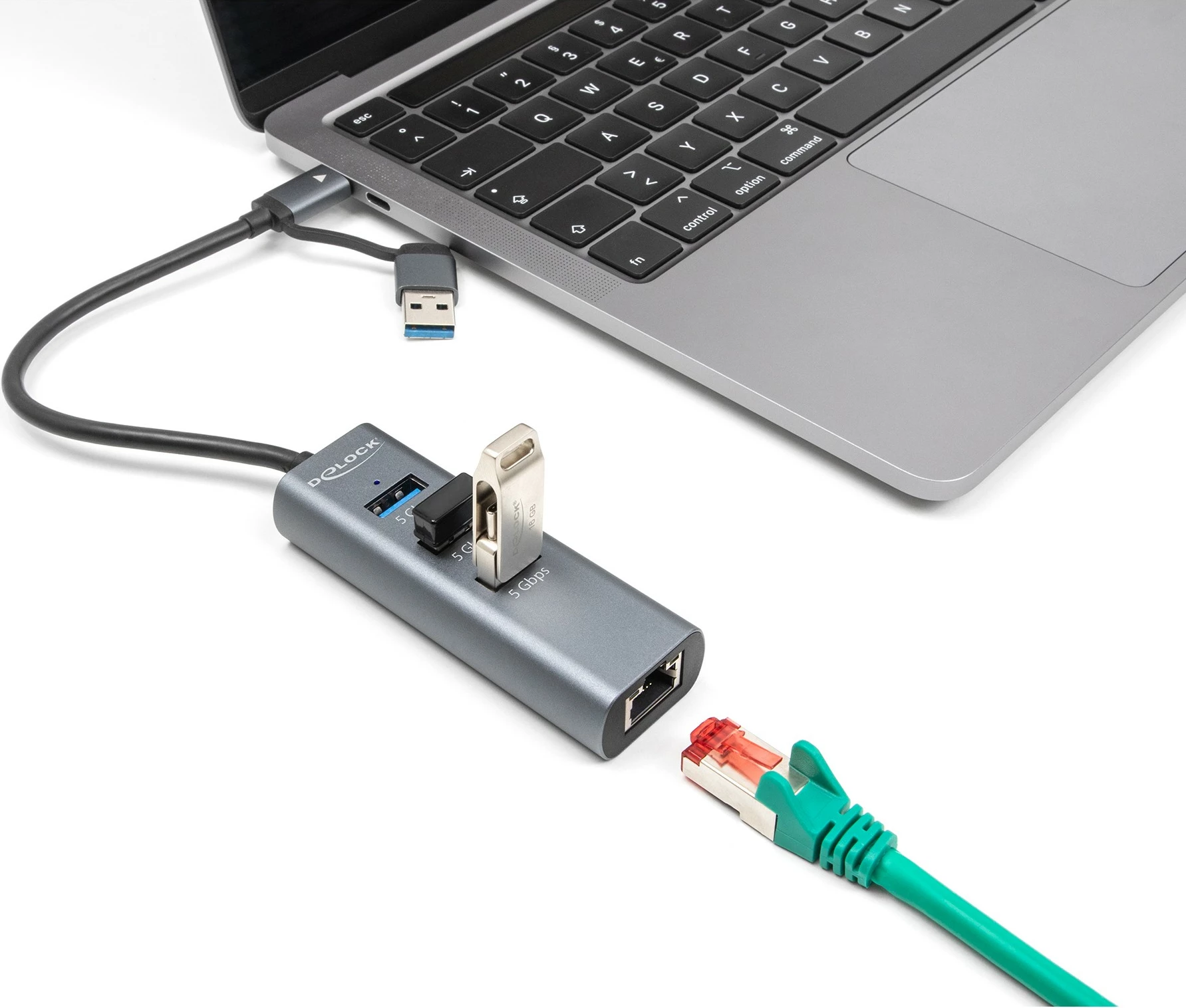 USB razdelilec s 3 vrati in LAN DeLOCK, USB 3.2 Gen 1, Type-C/Type-A, 5 Gbps, kovinski, sivi