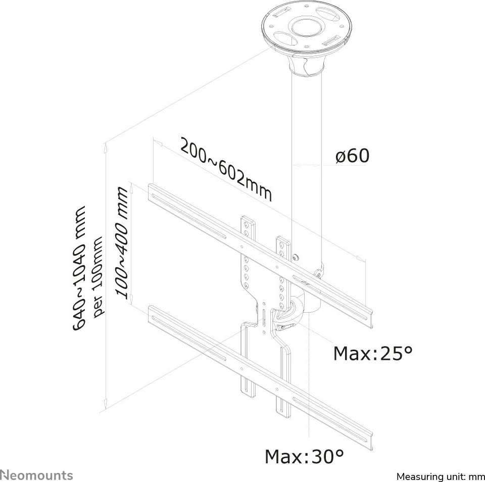 Stropni nosilec za TV, Neomounts FPMA-C400SILVER, do 60 in, nastavljiva višina, srebrn