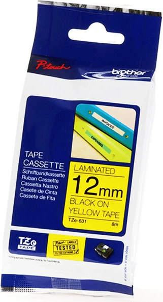 Laminiran trak za nalepke, Brother TZe-631, 12 mm x 8 m, črn na rumeni