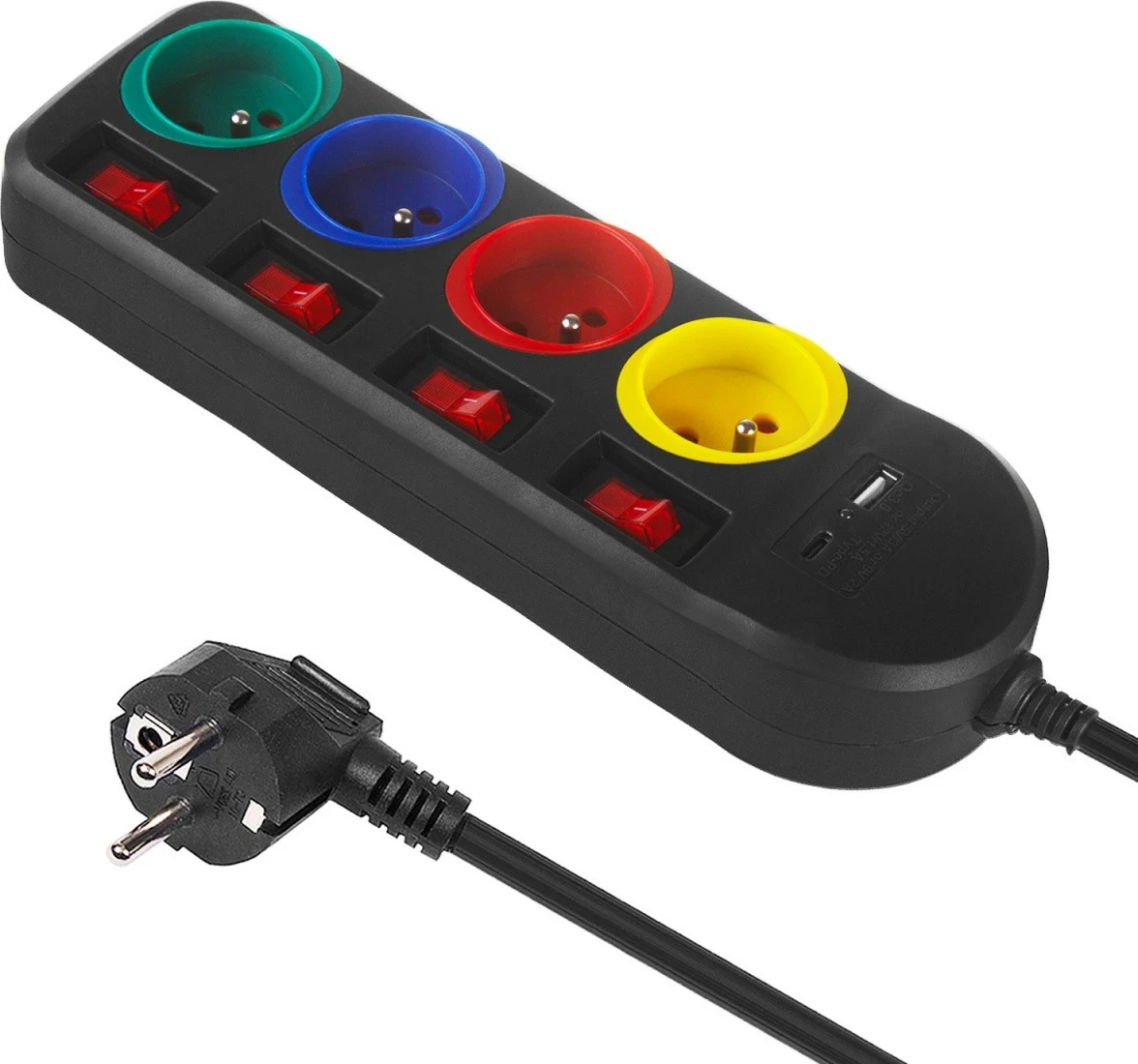 Razdelilec za vtičnice z USB Maclean MCE508 B, 4 vtičnice, 1,5 m, 2x USB, črn