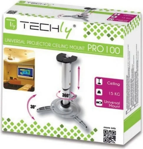 Stropni nosilec za projektor, Techly 301559, 30–37 cm, 15 kg, srebrn