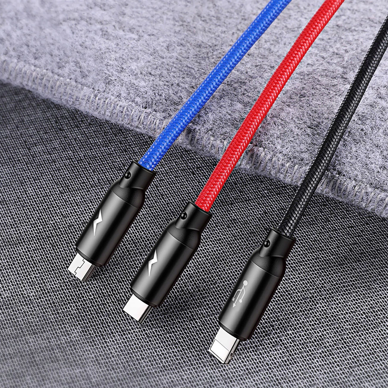 Kabel 3-v-1 v treh osnovnih barvah, Baseus Three Primary Colors CAMLT-BSY01, 1,2 m, USB-A na micro USB/Lightning/USB-C, črn/rdeč/moder