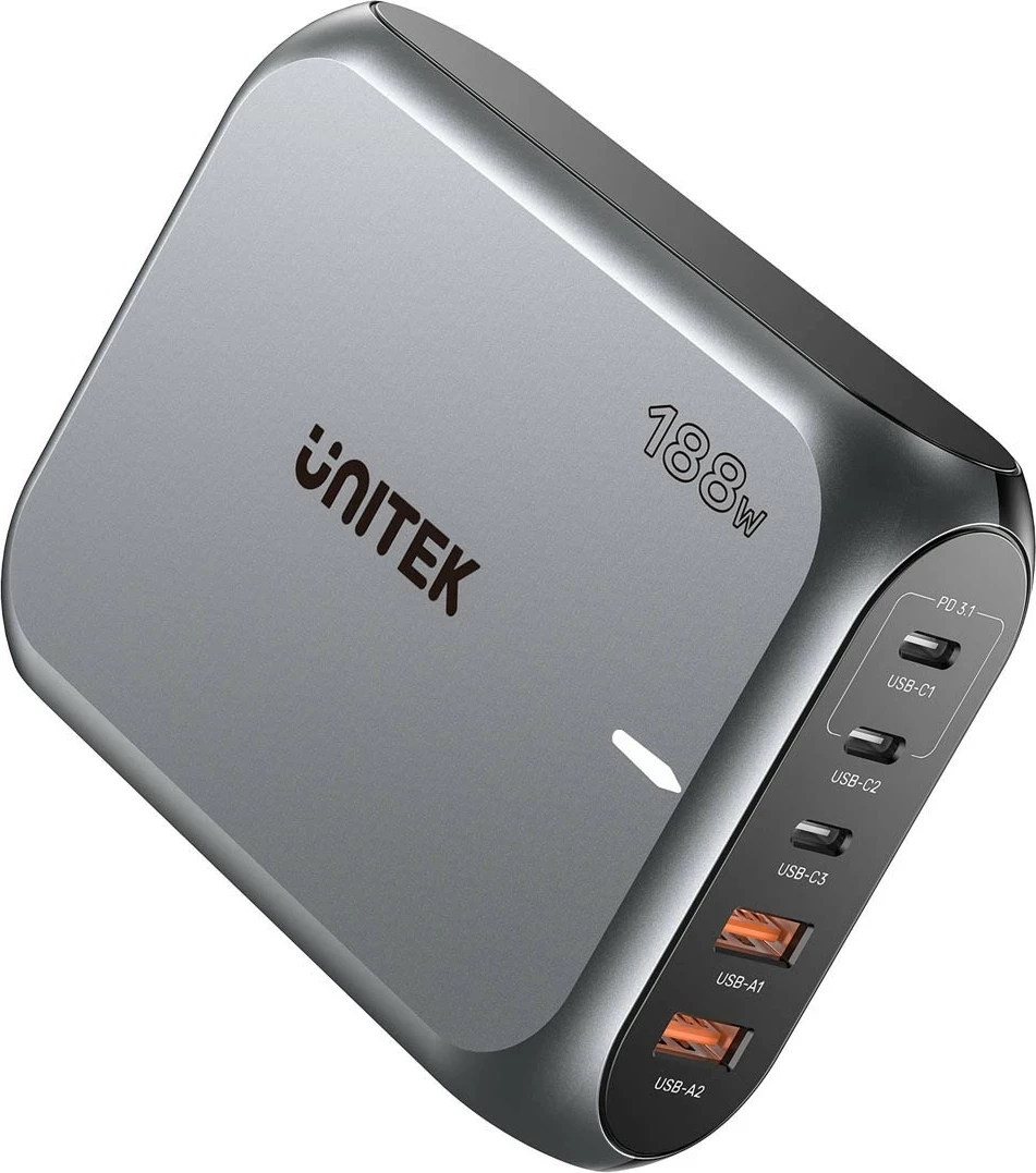 Visokozmogljiv polnilec Unitek GaN 188W, 2x USB-A, 3x USB-C, siv