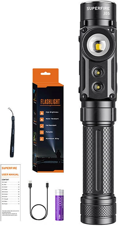 Ročna svetilka Superfire J05, 380+450 lm, USB-C, črna