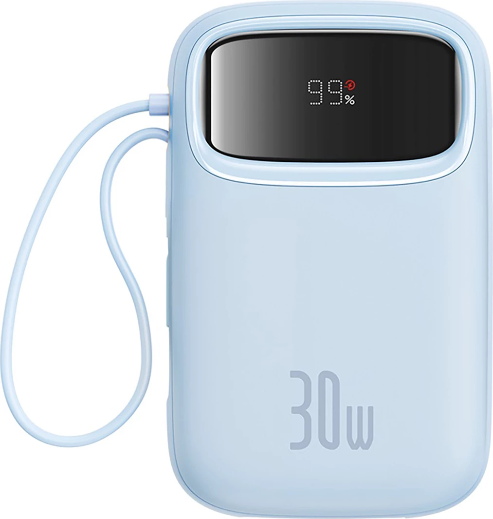 Kompakten powerbank, Baseus QPow 2, 10000 mAh, 30 W, z integriranim kablom USB-C, moder