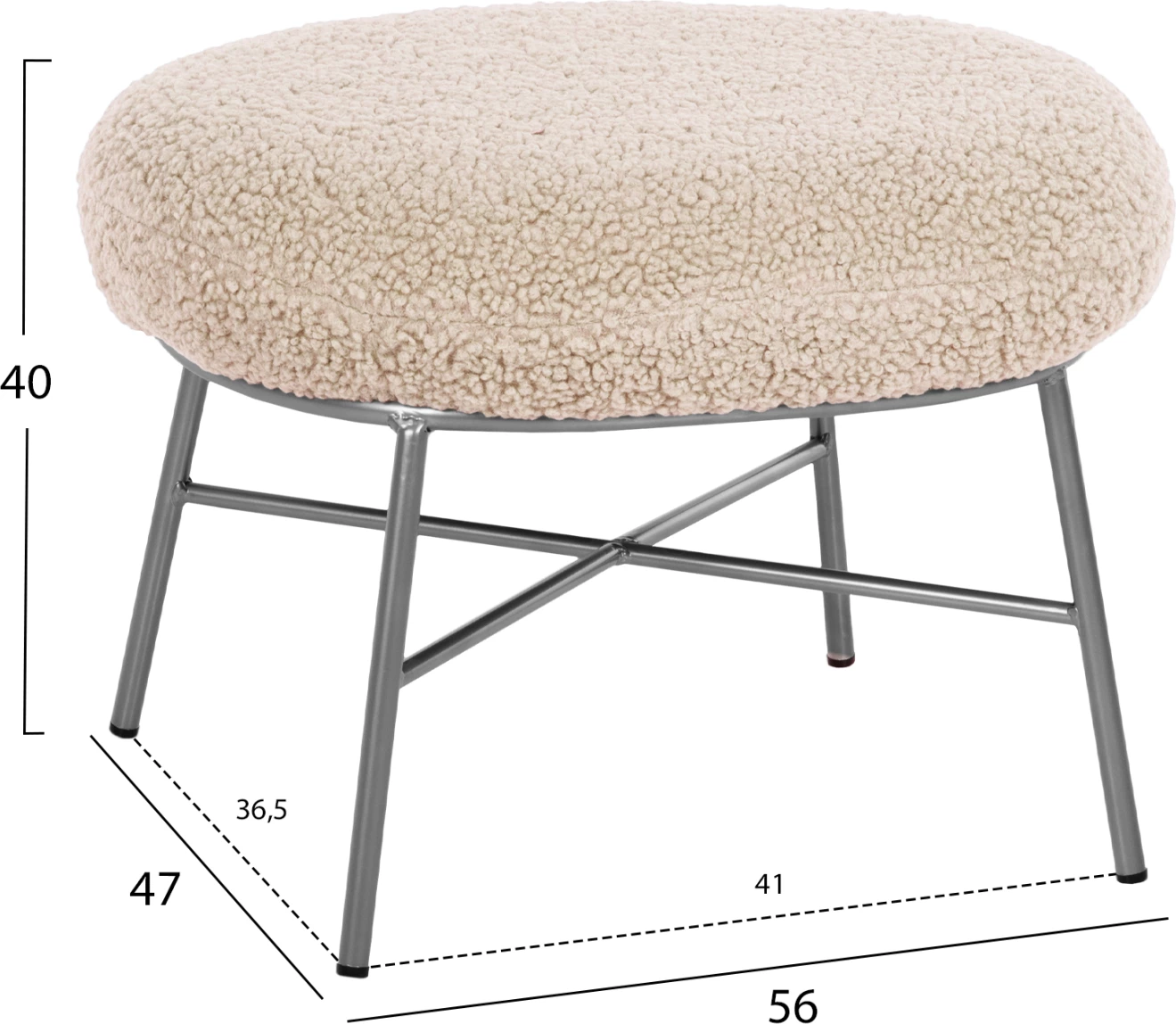 Stolček/podstavek za noge TRUDI FH8640.23 iz bele boucle tkanine in srebrne kovinske osnove 56x47x40H cm