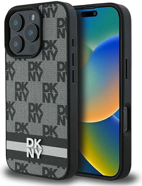 Ovitek za telefon s karo vzorcem in potiskanimi črtami DKNY za iPhone 16 Pro Max, črn