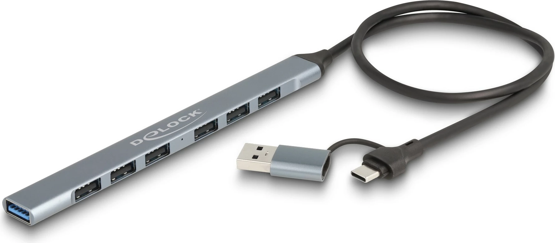 Tanek USB razdelilec 7 vrat, Type-C/Type-A, 5 Gbps, kovinski, siv — DeLOCK