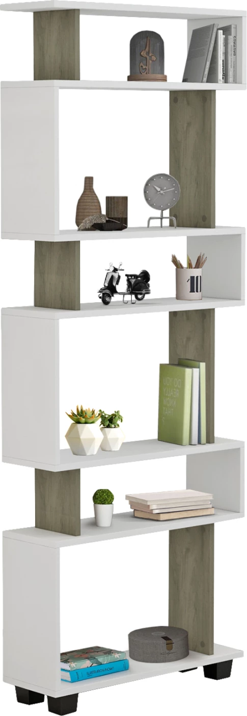 Knjižna polica OWL iz melamina v olivno sivi in beli barvi 60x19,5x165H cm. FH8923.11