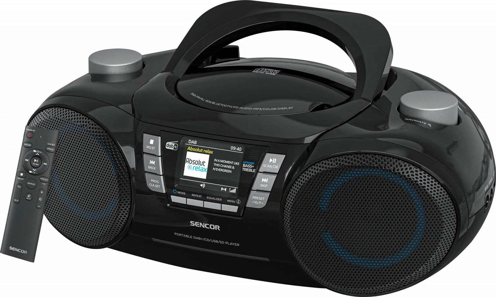 Prenosni boombox radio CD, Sencor SPT 6510DB, DAB+, Bluetooth 5.3, 16 W, LCD zaslon 2,4", črn