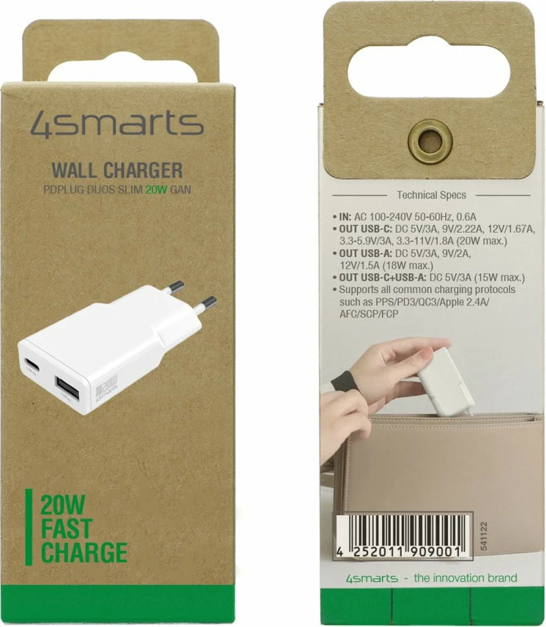 Hitri polnilec 4smarts 541122, 20 W, GaN, USB-C in USB-A, bel