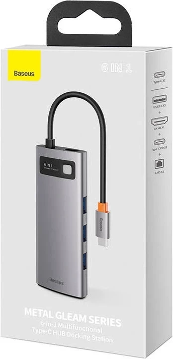 Večfunkcijski USB-C hub Baseus Metal Gleam Series CAHUB-CW0G, 6 v 1, 3x USB 3.0 + HDMI + USB-C PD + Ethernet RJ45, siv