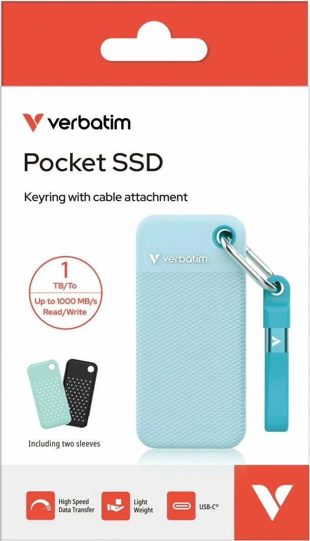 Zunanji SSD Verbatim Pocket SSD Summer Edition 32324, 1TB, M.2, USB‑C 3.2 Gen 2 do 1000 MB/s, moder, komplet s 2 gumijastima pokrovčkoma/kablom/priveskom/torbico