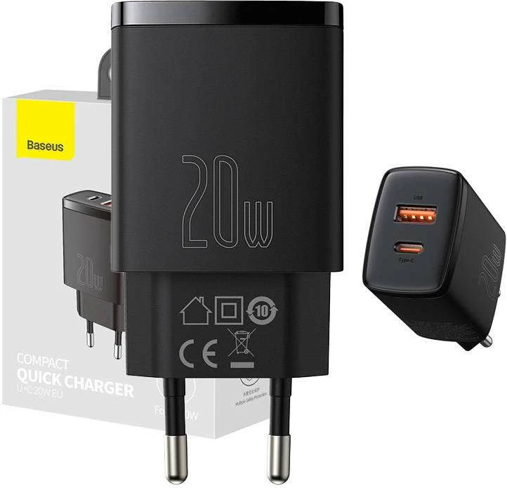 Hitri polnilec, Baseus Compact CCXJ-B01, 20W, USB/USB-C, črn