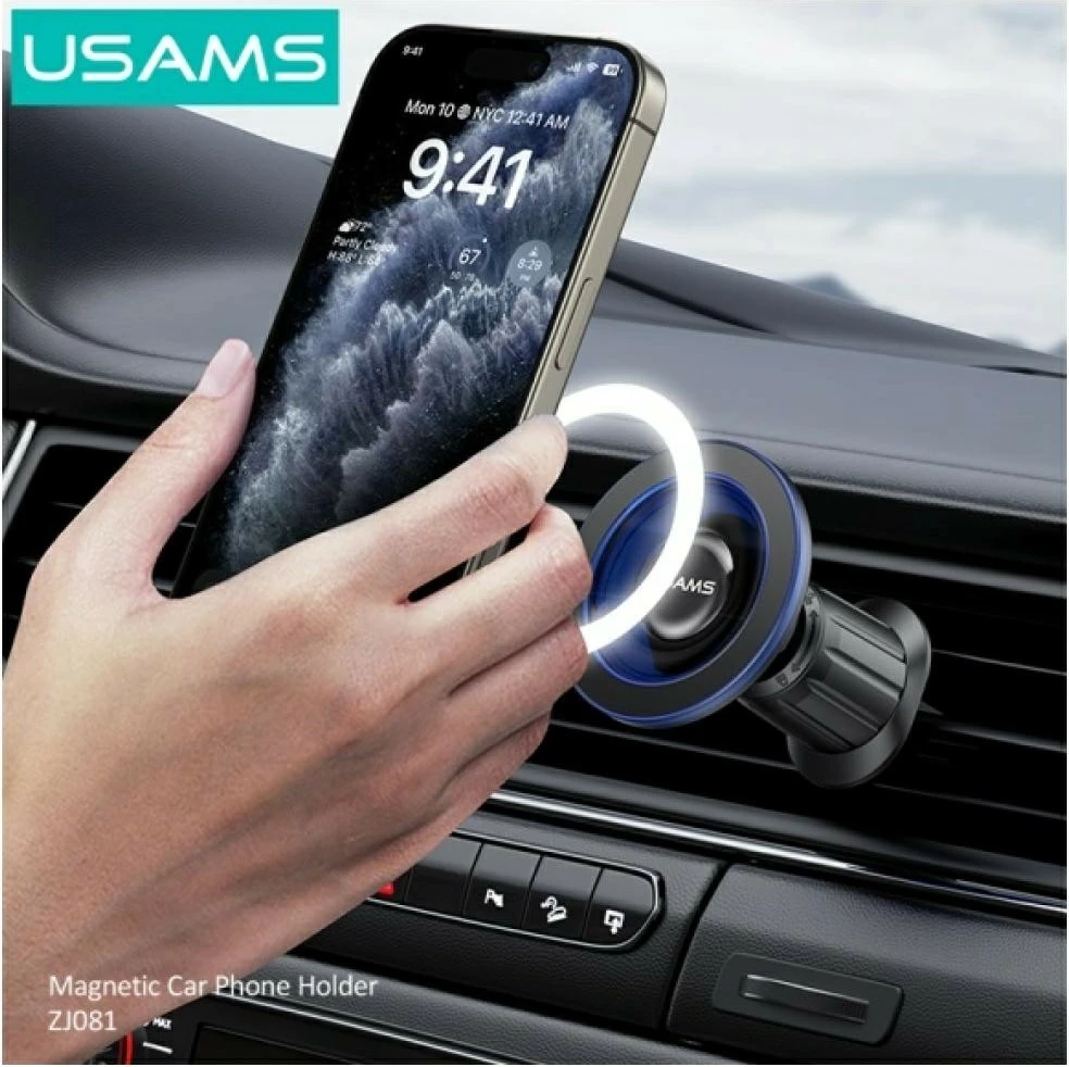 Magnetno držalo za reže prezračevanja za pametni telefon, USAMS ZJ081 (USA001646), 360° rotacija, montaža s sponko, črno