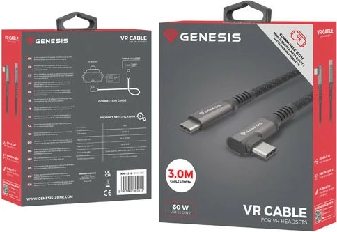 USB-C kabel Natec Genesis NVC-2218, 3.2 Gen 2, 3 m, 10 Gb/s, PD 60 W, črno/siv