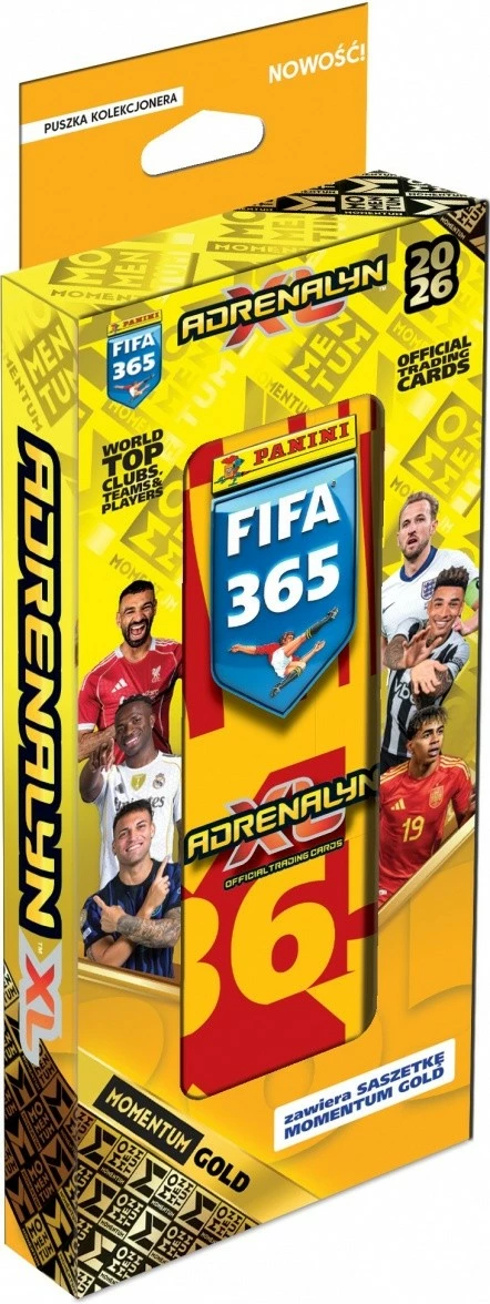Kolekcionarska škatla z nogometnimi kartami, Panini FIFA 365 Adrenalyn XL 2026, Collector's Box Cards 2 048-02925, 9 kart (6 standardnih, 1 Limited Edition, 2 Momentum Gold)