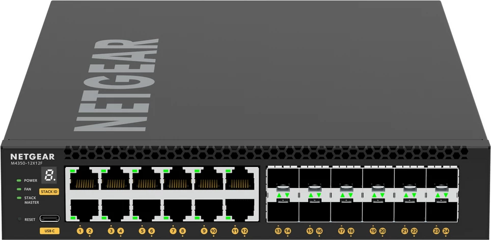 Stikalo 24 portov 10GbE, 12x 10GBASE-T + 12x SFP+, Netgear M4350-12X12F XSM4324-100NES, črno