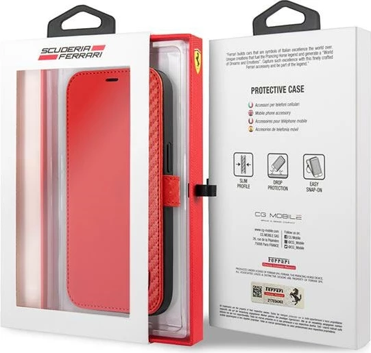 Zaščitni ovitek Ferrari On Track Carbon Stripe za iPhone 13 mini, rdeč, z zapenjanjem