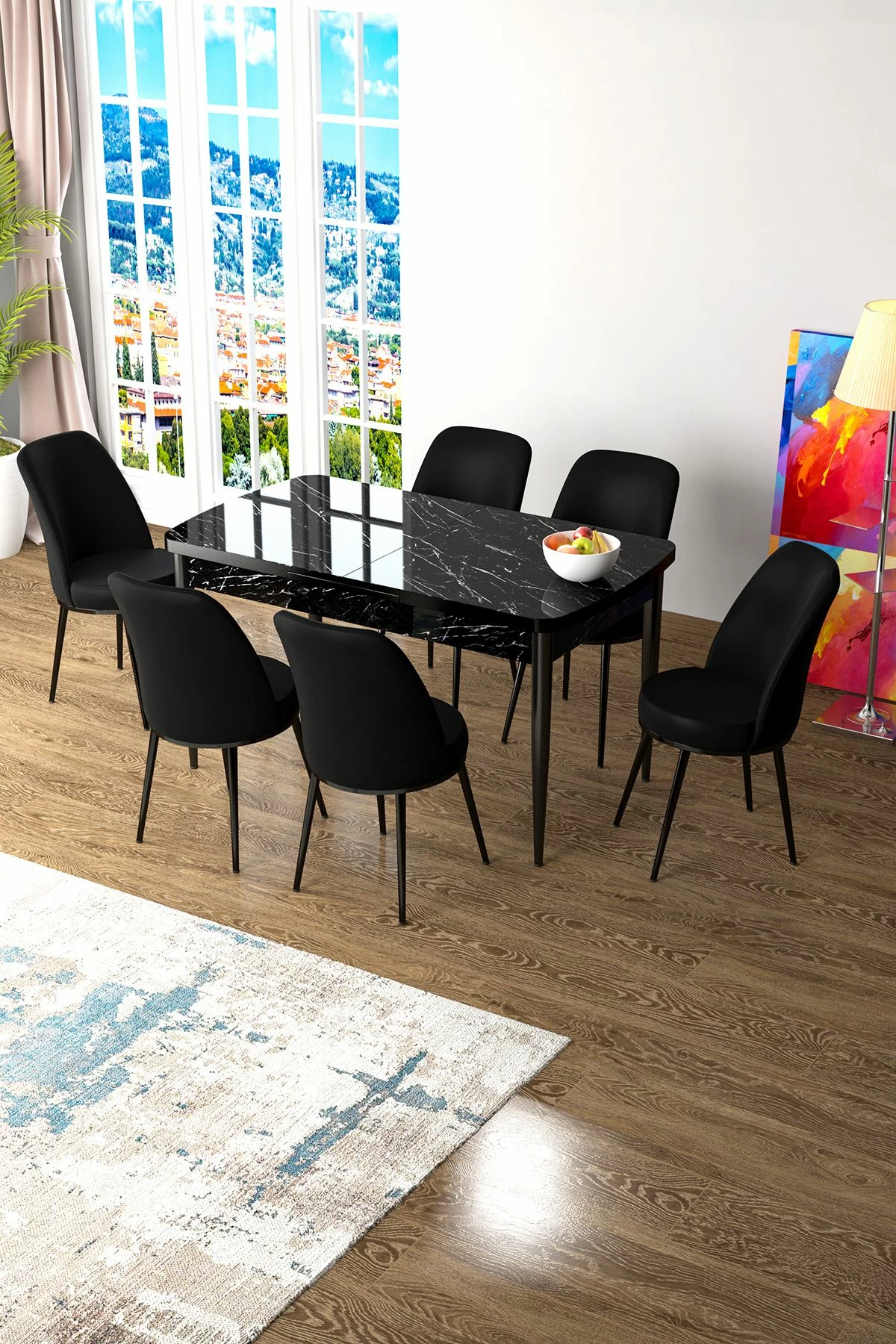 Raztegljiv jedilniški set, 7 kosov, Skye Decor Zen, črni marmor, črn