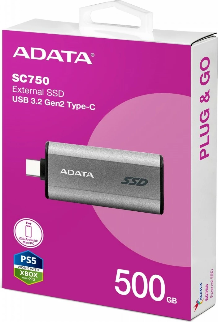 Zunanji SSD ohišje Adata SC750, 500 GB, USB 3.2 Type-C, titan