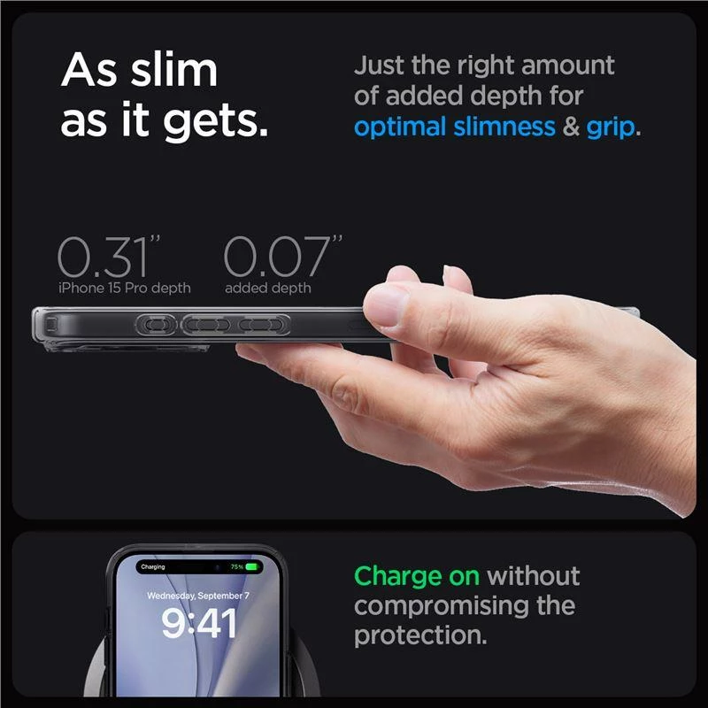 Prozoren zaščitni ovoj z magnetom Spigen Ultra Hybrid Mag za iPhone 15 Pro, MagSafe, Zero One, prozorno/siv
