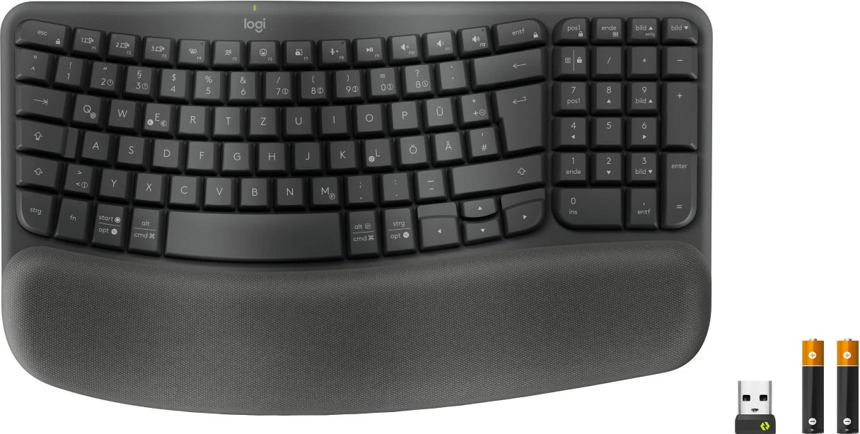 Ergonomska tipkovnica Wave Keys za poslovno rabo, Logitech, brezžična, RF in Bluetooth, membranska, QWERTZ, grafit