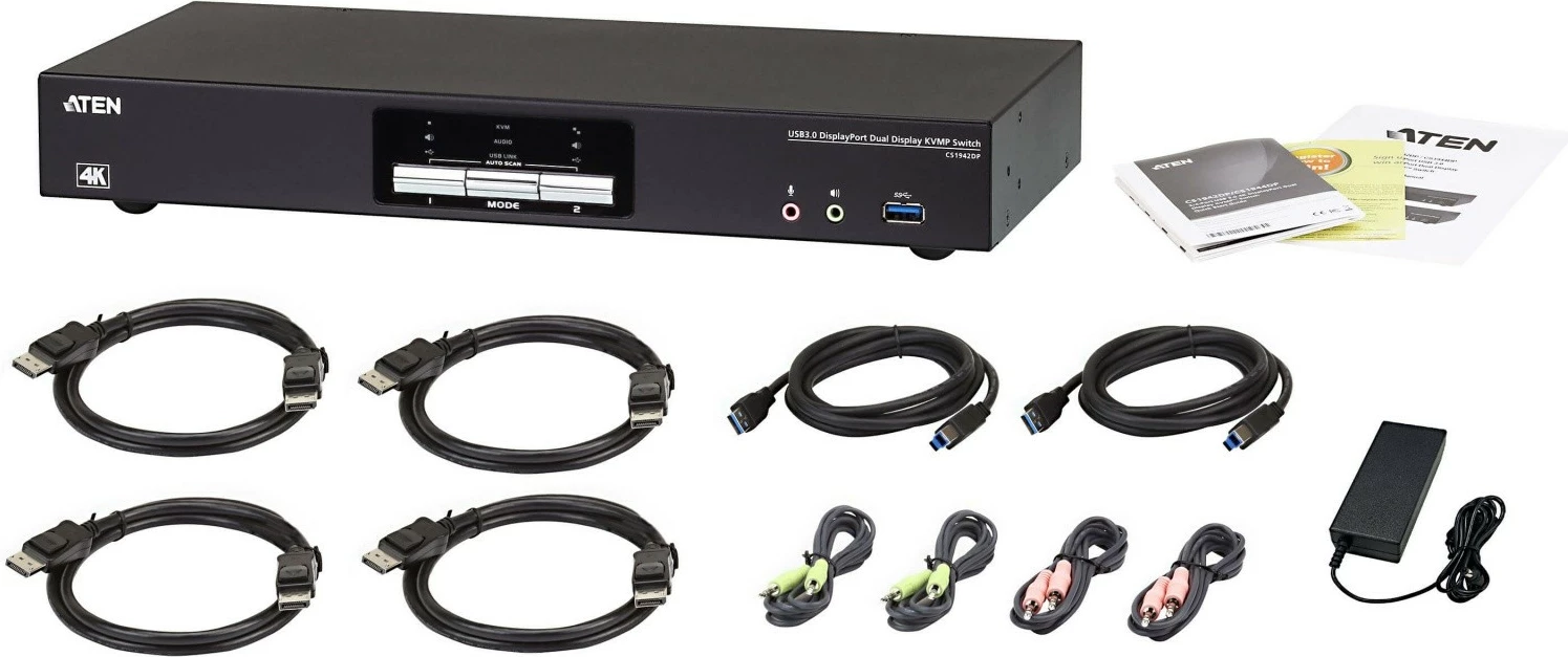 KVM stikalo, 2 vrata, USB 3.0, DisplayPort, 4K dvojni prikaz, črn — ATEN CS1942DP-AT-G