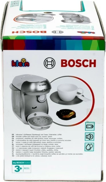 Igrača kavni aparat Bosch Tassimo 9231, s zvočnimi in tekočimi učinki, s skodelico, krožnikom, žličko in 2 kapsulama, srebrn