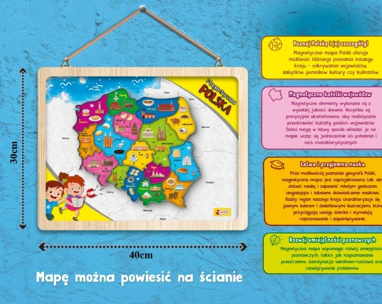 Izobraževalni magnetni zemljevid Poljske, Lisciani I'M A Genius 304-PL105496, lesen, z magnetnimi kosi, 7+