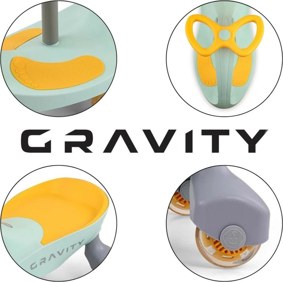 Poganjalec brez pedal z gravitacijskim mehanizmom, Milly Mally Gravity 5926, 4 LED kolesa, 3+, limeta rumena