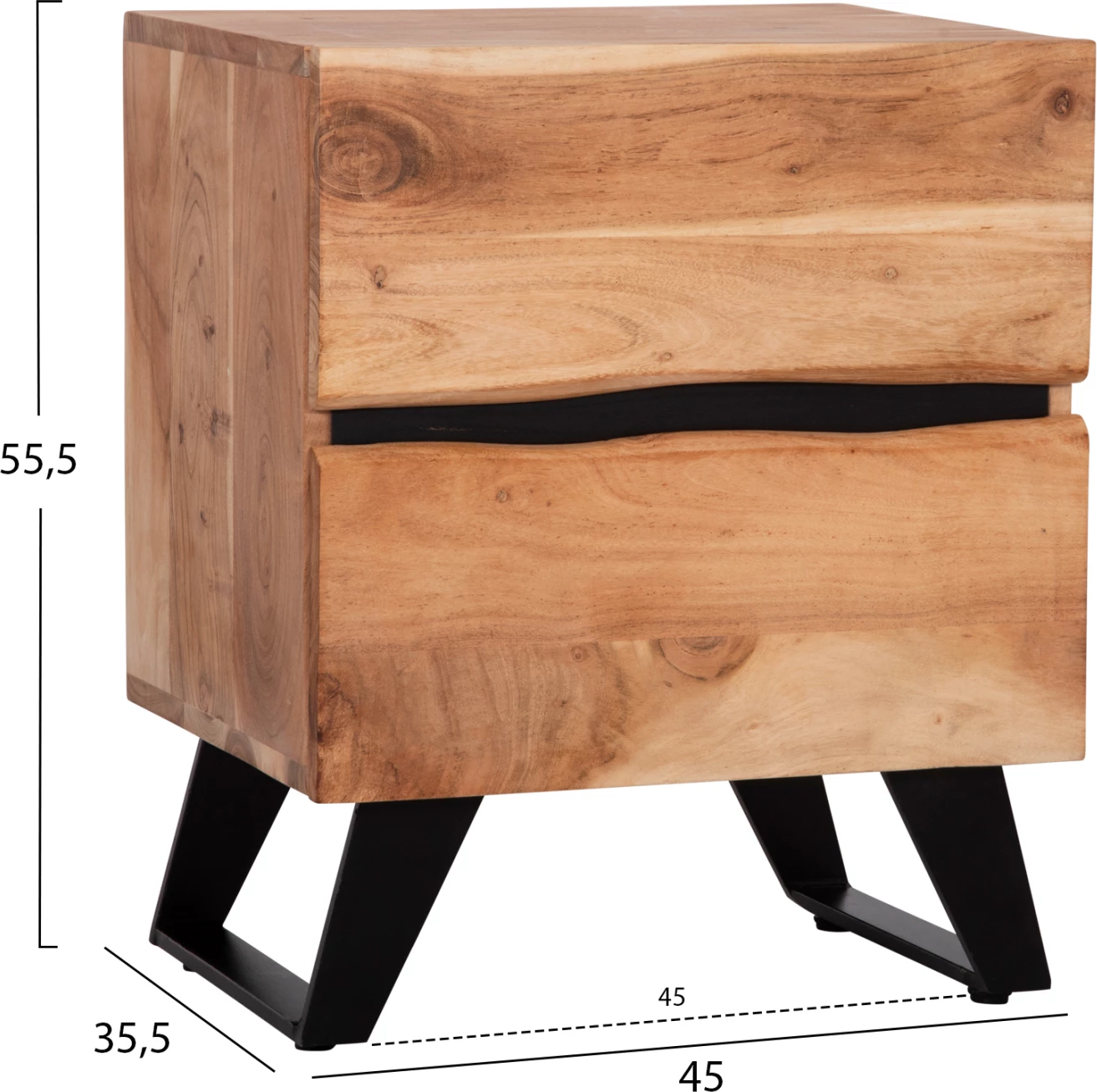 Nočna omarica z 2 predaloma ALICIA FH8360.21 masivni les akacije-kovina 45x35x56Hcm