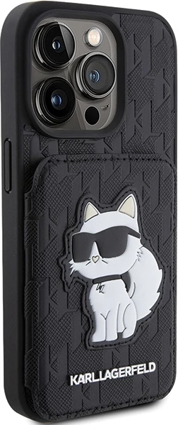 Preklopna zaščita z režami za kartice in stojalom Monogram Choupette Karl Lagerfeld za iPhone 15 Pro, črna