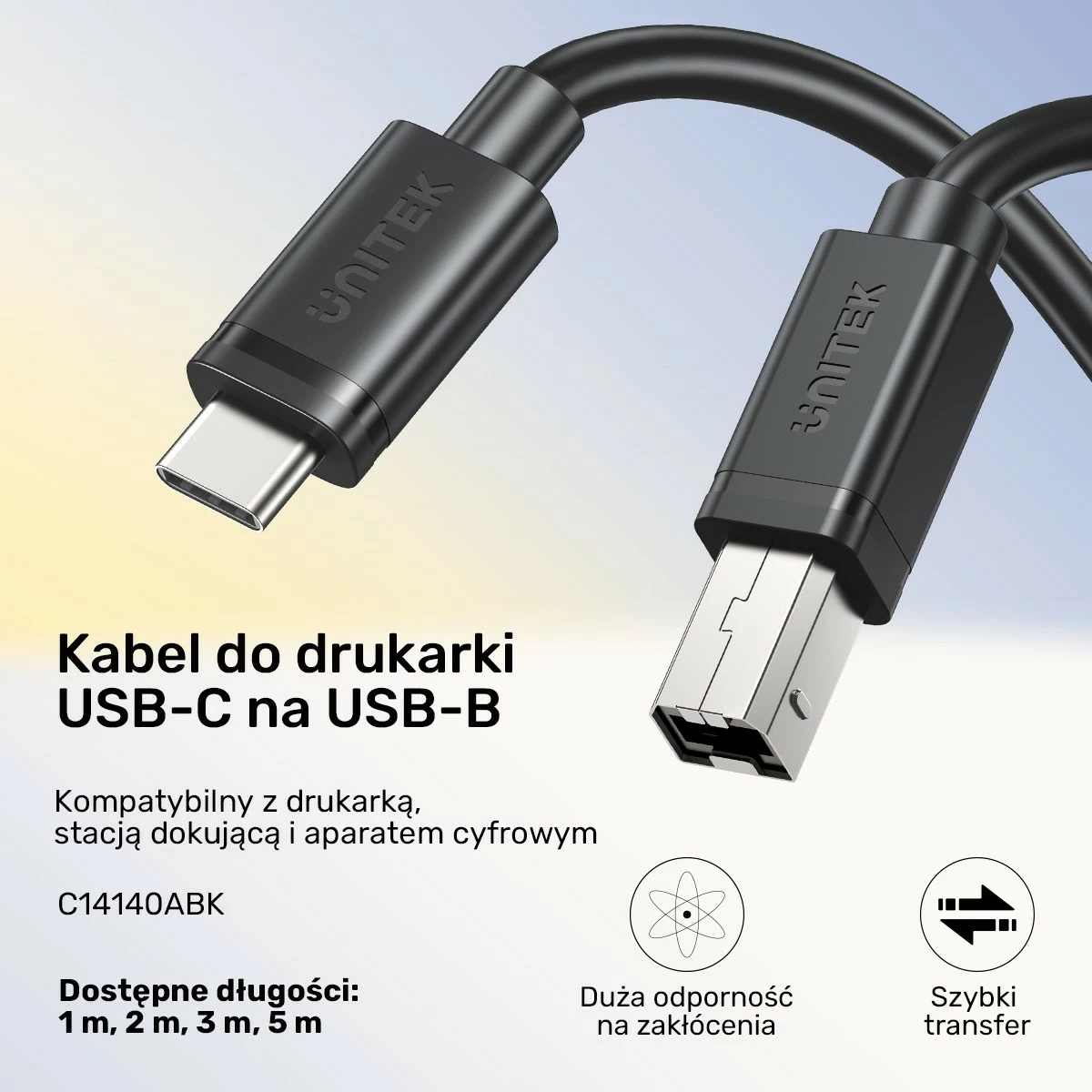 Kabel USB-C na USB-B 2.0, 5 m, črni - Unitek