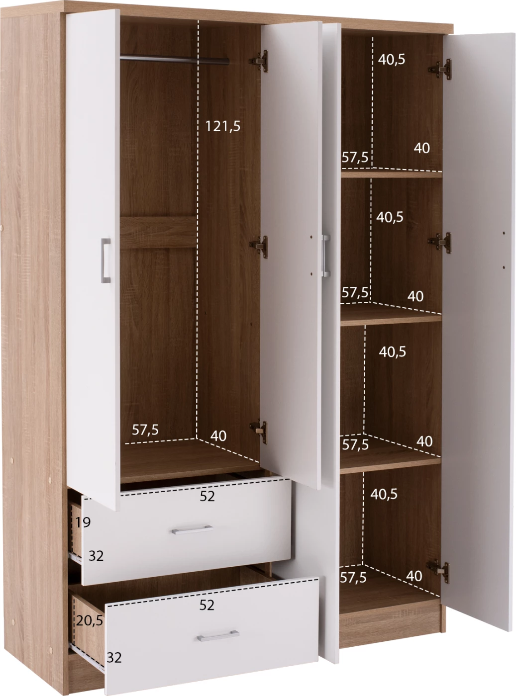 Garderobna omara s 4 vrati in 2 predaloma FH339.06 sonama bela 120x42,5x180,5 cm