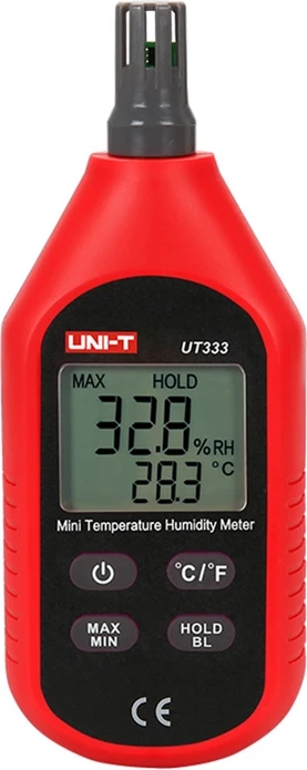 Merilec temperature in vlažnosti, UNI-T UT333, razpon -10°C–60°C in 0–100% RH, osvetljen zaslon, MAX/MIN, Data Hold