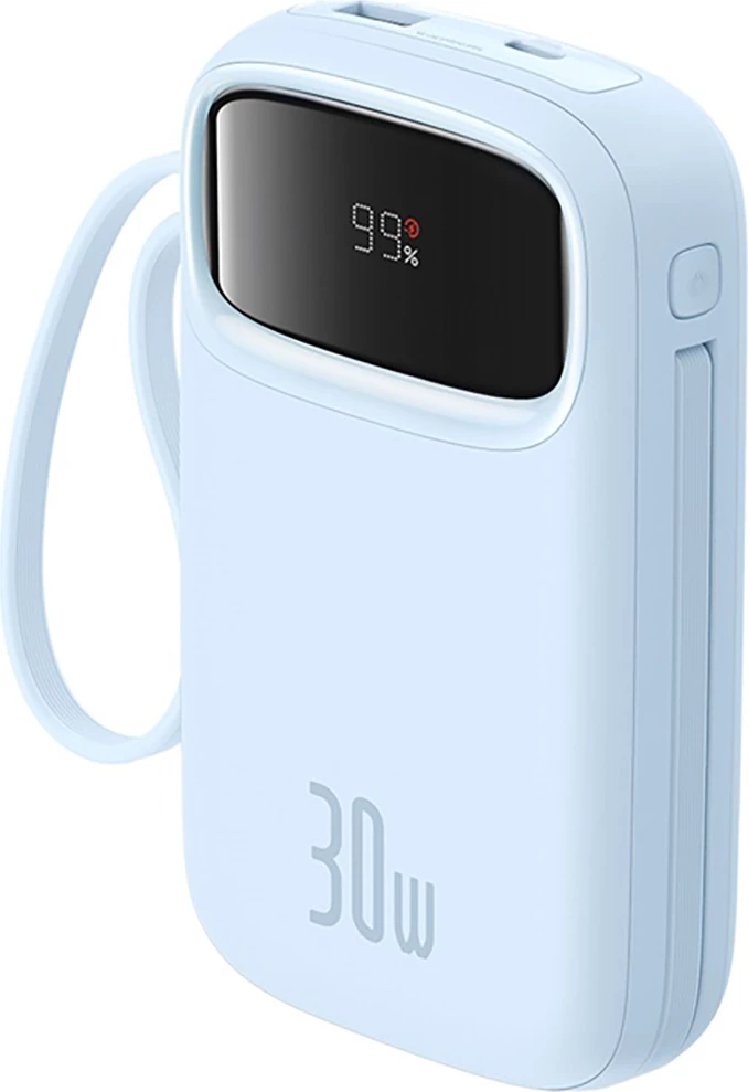 Kompakten powerbank, Baseus QPow 2, 10000 mAh, 30 W, z integriranim kablom USB-C, moder