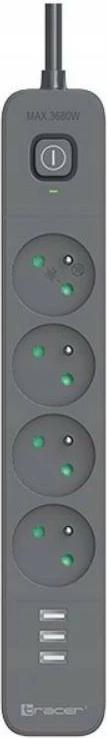 Vtičnica z zaščito Tracer Power Line+ TRALIS47027, 4 vtičnice + 3x USB A, 1,5 m, grafit