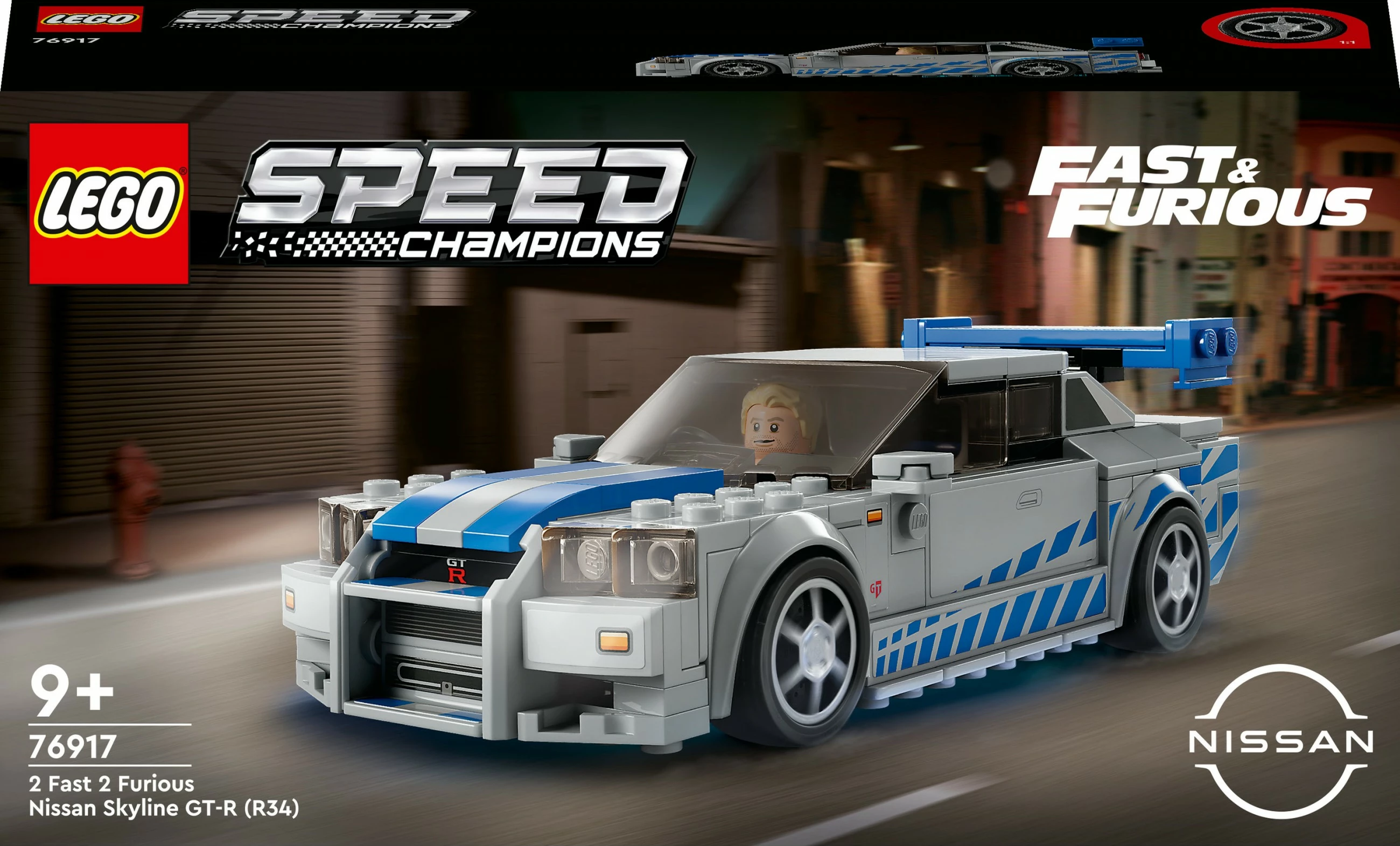 Komplet za sestavljanje Nissan Skyline GT-R (R34), LEGO Speed Champions 76917, 2 Fast 2 Furious, sivo/modro