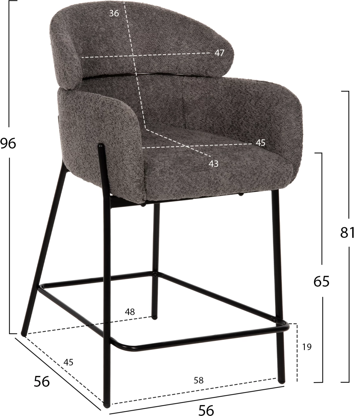 Barski stol srednje višine WOLF FH8584.01 siva boucle tkanina-črne kovinske noge 56x56x96Hcm, set 2 kosov