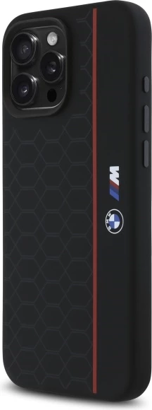 Silikonski ovitek za iPhone 16 Pro Max, šestkotni z rdečo črto, združljiv z MagSafe — BMW, črn