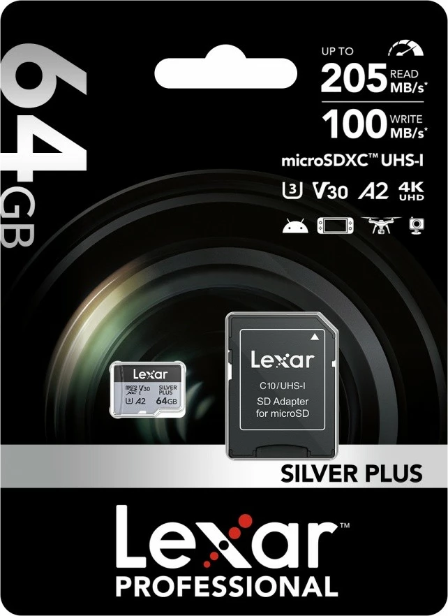 MicroSD pomnilniška kartica Lexar LMSSIPL064G-BNANG 64GB UHS-I A2 U3 V30 205/100 MB/s s SD-adapterjem Silver Plus