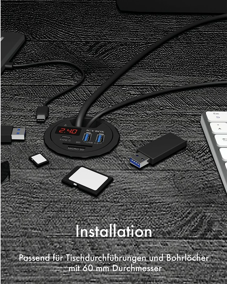 USB razširitveni hub z bralnikom kartic ICY BOX IB-HUB1404, 2x USB 3.0, Type-C, črn
