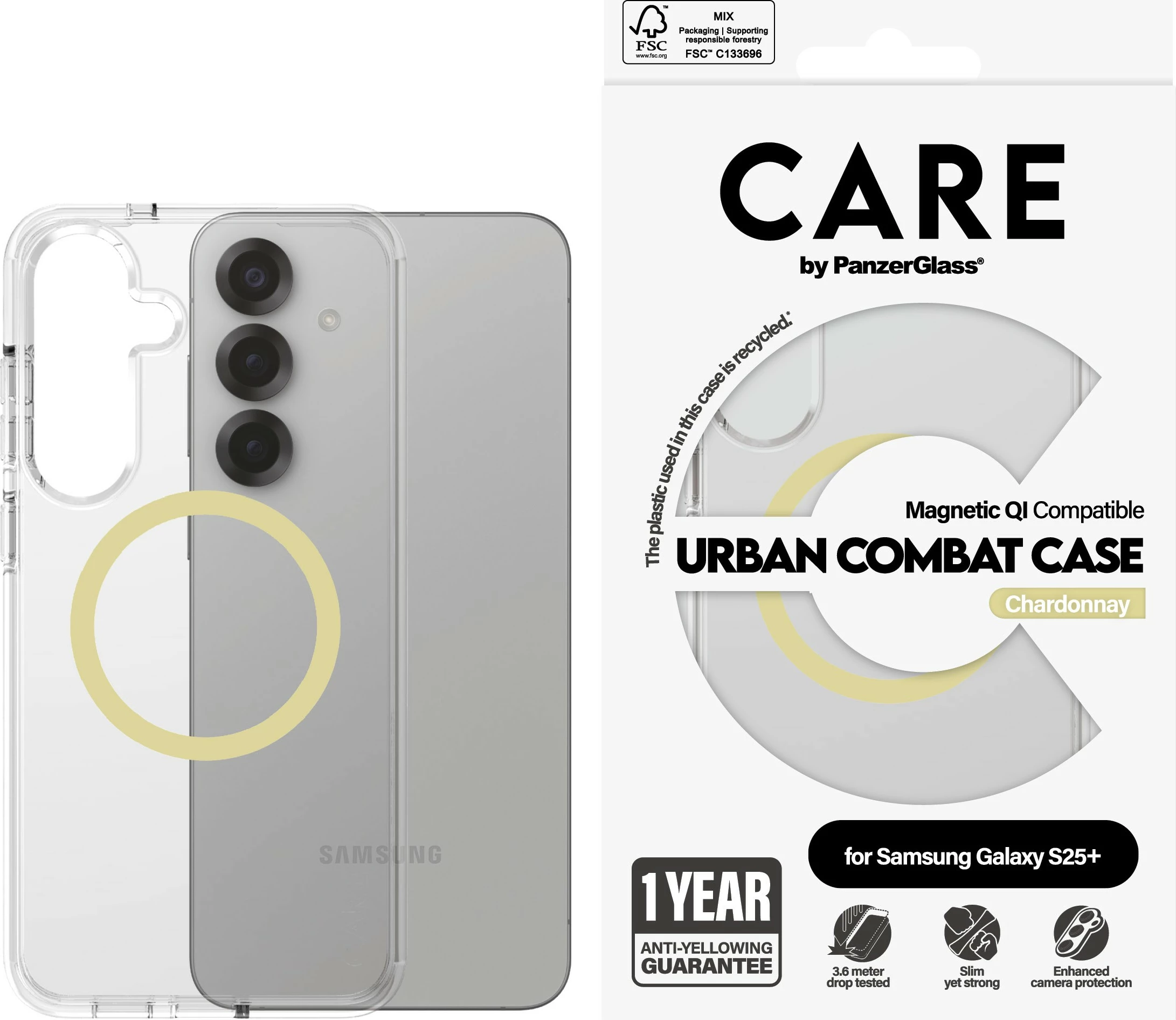 Prozoren zaščitni ovitek PanzerGlass CARE Flagship Case Clear Chardonnay QI za Galaxy S25 Plus