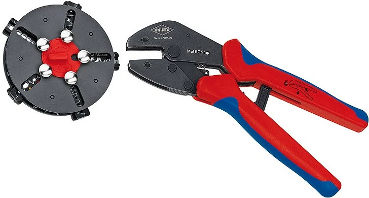 Klešče za stiskanje Knipex 97 33 02, s 5 zamenljivimi matricami, modro-rdeče