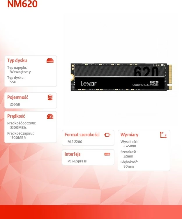 SSD 256 GB, M.2 2280, PCIe NVMe Lexar NM620