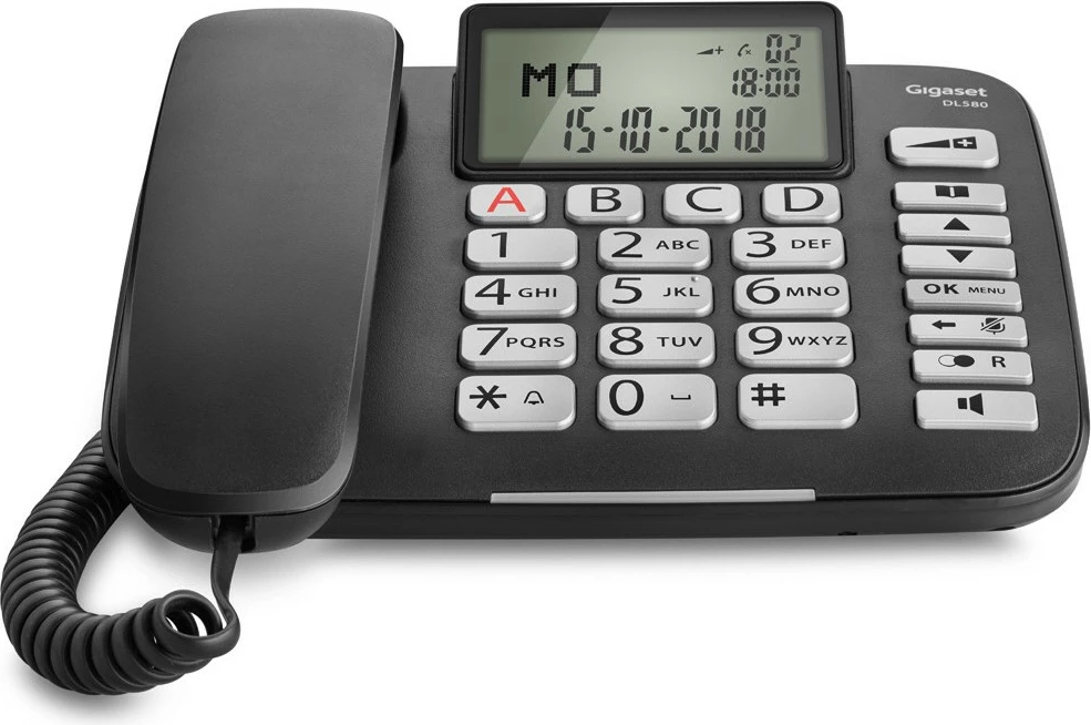 Analogni telefon z žičnimi slušalkami in zvočnikom Gigaset DL580, 99 imen, ID klica, črn