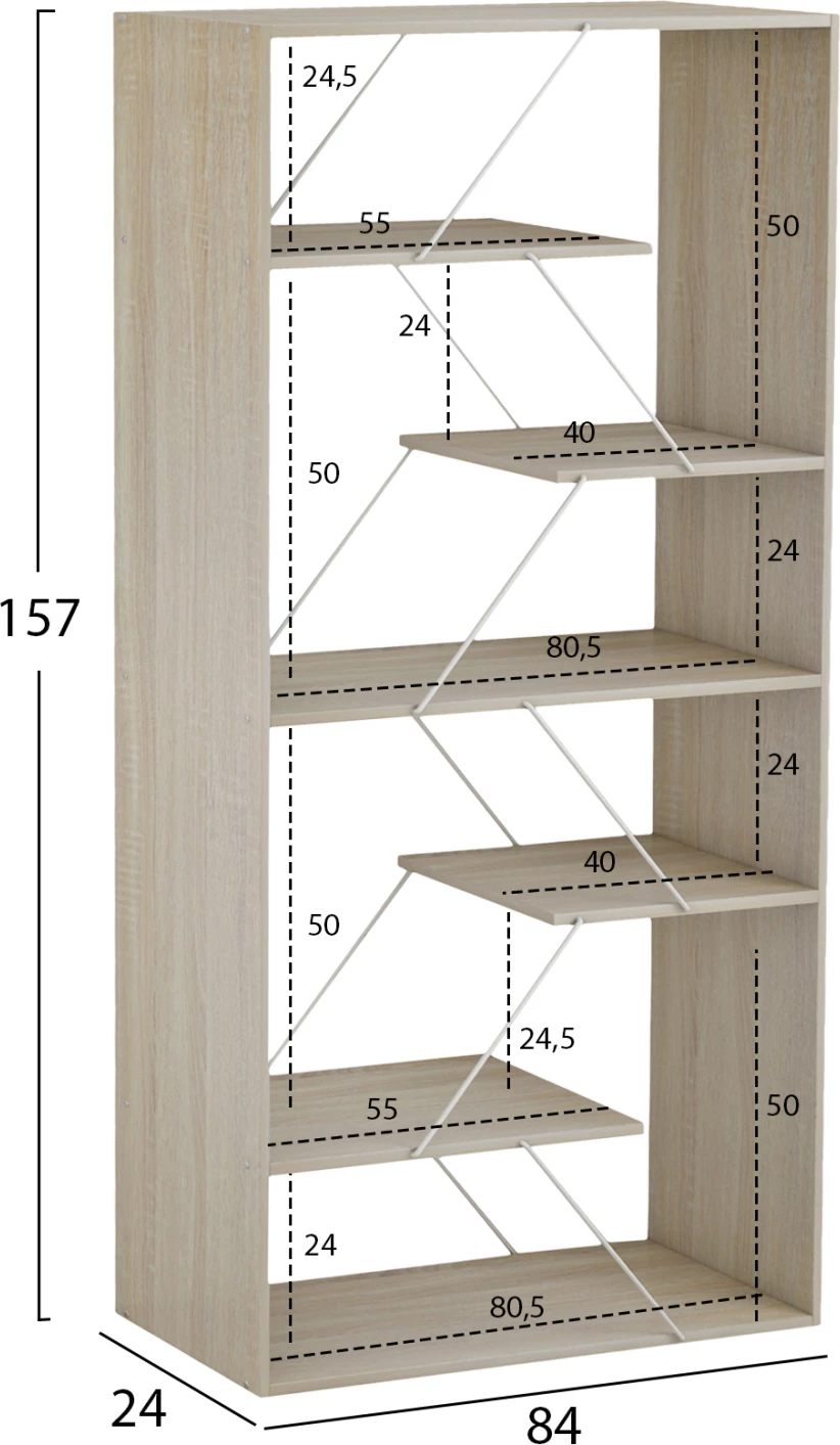 Knjižna omara TARS melamin sonoma-bela kovinske palice 84x24x157H cm FH2240.11