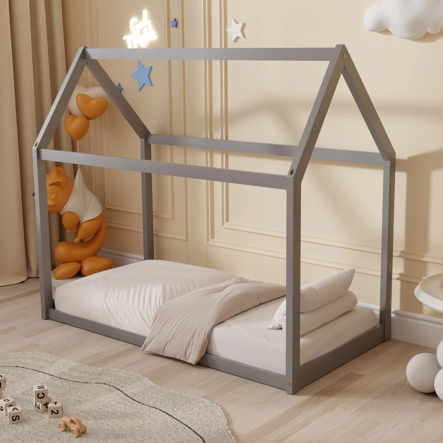 Postelja za otroke PEPE FH677.05 t.MONTESSORI iz masivnega borovega lesa v sivi barvi - 190x90cm